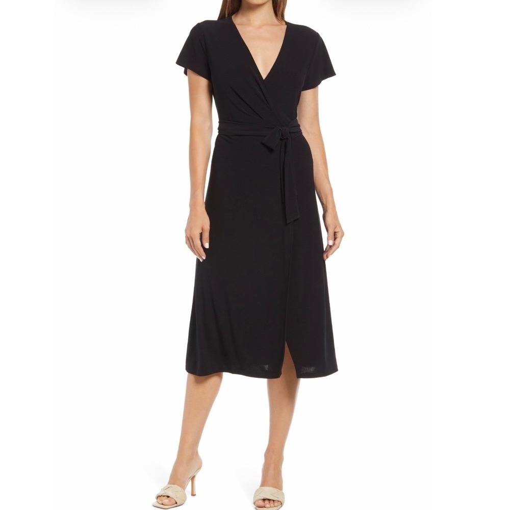 NEW Halogen Black Wrap Tie Belted V-Neck Midi Dress Classy Minimalist XS